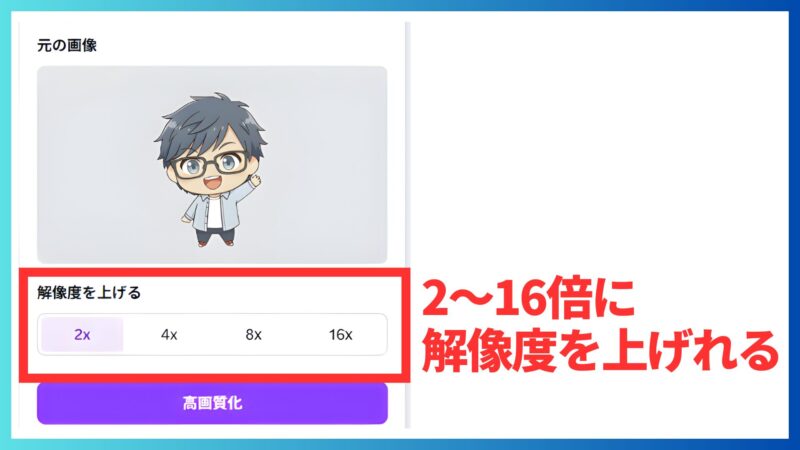 CanvaのImage Upscaler（イメージアップスケーラー）は2倍から16倍で解像度を上げる事ができる操作画面